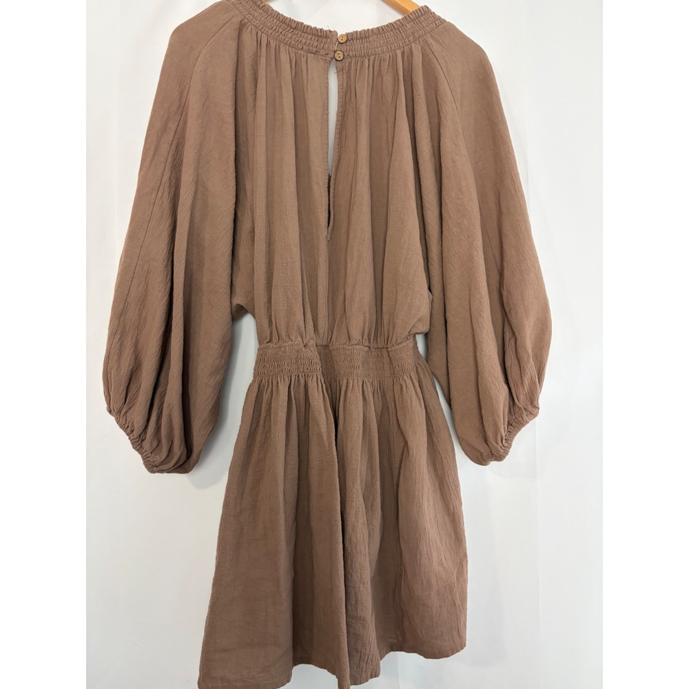 Free People 100 Degree Mini Dress Mocha Brown Smocked V-Neck Gauze Boho Large - Picture 8 of 11
